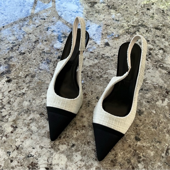 Chic Black and Cream Slingback Heels - Picture 1 of 7